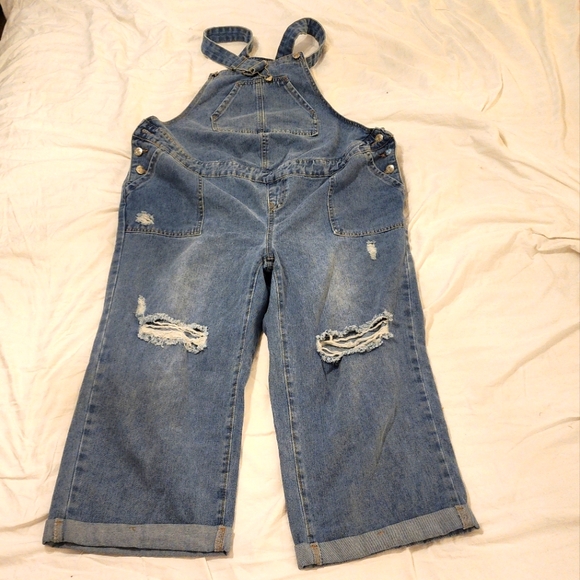 Maternity Distressed Denim Overalls - Picture 1 of 2